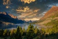 Landscape view of lake and mountain range in Glacier NP, Montana, US Royalty Free Stock Photo