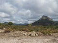 landscape with View of limestone mountain Monte Oseli, green forest, trees and hills in region Ogliastra, Urzulei