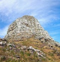 Landscape view of Lions Head mountain with blue sky, copy space on Table Mountain, Cape Town, South Africa. Wild, rough