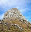 Landscape view of Lions Head mountain with blue sky, copy space on Table Mountain, Cape Town, South Africa. Wild, rough