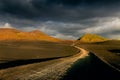 Landscape view of Lndmannalaugar volcanic mountains and the road, Iceland