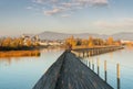 Landscape view of marsh and lake shore with the town of Rapperswil in evening light and along wooden boardwalk in the foreground