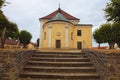 Landscape view of medieval Church of Our Lady of Carmel in Kostelni Vydri village in cloudy summer day.