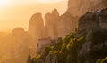 Landscape view of the Meteora rock mountain formations in the Pindos Mountains, Greece, during sunset Royalty Free Stock Photo