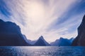 Landscape view of Milford Sound cliffs and mountains, New Zealand Royalty Free Stock Photo