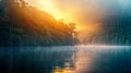 Landscape view of misty morning on the lake at sunrise Royalty Free Stock Photo