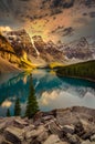 Landscape view of Moraine lake in Canadian Rocky Mountains Royalty Free Stock Photo