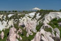 Unique landscape of rock formations and cave houses with mount Erciyes, Goreme national park, Cappadocia Turkey