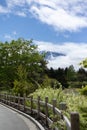 landscape view of mount Fuji enshrouded in cloud with clear blue sky