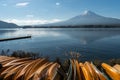 Landscape of view the Mount Fuji and Lake Kawaguchiko In the morning is a tourist attraction of Japan. In a small town There is a Royalty Free Stock Photo