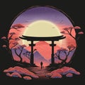 landscape view of mount fuji with tori gate illustration. digital art. sunset View. adventure. Royalty Free Stock Photo