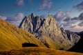 Landscape view of mountain peaks and meadows in Kazbegi national park, Georgia