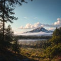 Landscape view. Mountain view in the spring forest. Mountain in fog in the background. made with Generative AI Royalty Free Stock Photo