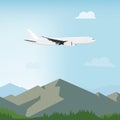 Landscape view of mountains, forest and flying airplane. Summer and spring landscape, background