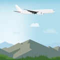 Landscape view of mountains, forest and flying airplane. Summer and spring landscape, background