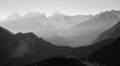 Landscape view of mountains in Karakoram range with morning fog.