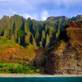 Landscape view of Na Pali cliffs and the beach, Kauai