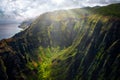 Landscape view of Na Pali coastline cliffs with sunlight glow, Kauai, Hawaii Royalty Free Stock Photo