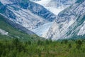 Landscape view of the Nigardsbreen melting glacier and the forest in  Norway Royalty Free Stock Photo