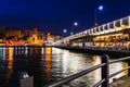 Landscape view of night city near of Galata Bridge, Istanbul, Turkey. Panoramic seaview on Golden Horn Bay in blue hour. Famous