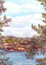 Landscape view of north nature - rocks shore, lake and pine tree