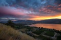 Landscape view of Okanagan Lake and Naramata Bench vineyards at sunset Royalty Free Stock Photo