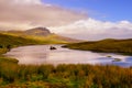 Landscape view of Old Man of Storr rock formation and lake, Scotland Royalty Free Stock Photo