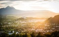 Landscape view of the Old town of Salzburg with Fortress Hohensalzburg at sunset Royalty Free Stock Photo