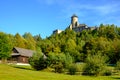Landscape view of old traditional house and castle, Slovakia