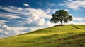 Landscape view of one big tree on the top of the hill with green grass on a hillside with blue sky and clouds in the background. Royalty Free Stock Photo