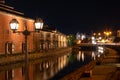 Landscape view of Otaru canals and warehouse at night in Hokkaido Japan Royalty Free Stock Photo