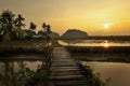 Landscape view of paddy fields,small village,mountain,bridge,river during sunset