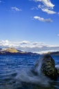 A view of Pangong Tso lake with blue skies surrrounded by the Indian Himalayas.