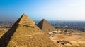 Landscape view of Pyramid of Khafre and Pyramid of Khufu, Giza pyramids landscape. historical egypt pyramids shot by drone. Royalty Free Stock Photo