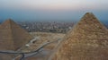 Landscape view of Pyramid of Khafre and Pyramid of Khufu, Giza pyramids landscape. historical egypt pyramids shot by drone. Royalty Free Stock Photo