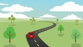 Landscape view of red car driving on the asphalt curves back and forth on a wide open green field. Royalty Free Stock Photo