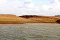 Landscape view of river bank with dry land and hill Royalty Free Stock Photo