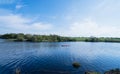 Landscape view with river and blue sky and cloudty on Spring. Panoramic of green grass fields at farmland with reflection of blue