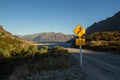 Landscape view of road in front of lake hawea in new zealand south island Royalty Free Stock Photo