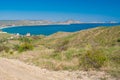 Landscape with view from rocky road leading from Kara-dag natural reserve to settlement Kotebel Royalty Free Stock Photo