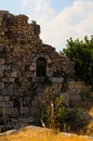 Landscape view ruins of ancient stone wall. Ruins of roman villa in Akkale literally `white castle`,Akdeniz,Turkey.