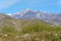 View of snow on the San Gorgonio Mountain from the Mission Creek Preserve in Desert Hot Springs, California