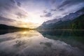 Landscape view of the sun rising over the Lake Eibsee, Bavaria, Germany Royalty Free Stock Photo