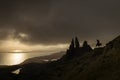 Landscape view at sunset with colourful clouds of Old Man of Storr rock formation, Scotland, United Kingdom Royalty Free Stock Photo