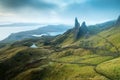 Landscape view at sunset with colourful clouds of Old Man of Storr rock formation, Scotland, United Kingdom Royalty Free Stock Photo