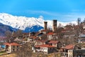 Landscape view of the town of Mestia in the Sakartvelo Mountains. The famous towers of Svania Royalty Free Stock Photo