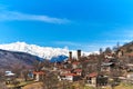 Landscape view of the town of Mestia in the Sakartvelo Mountains. The famous towers of Svania