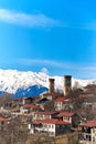 Landscape view of the town of Mestia in the Sakartvelo Mountains. The famous towers of Svania Royalty Free Stock Photo