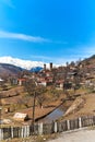 Landscape view of the town of Mestia in the Sakartvelo Mountains. The famous towers of Svania Royalty Free Stock Photo