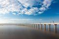 Landscape View of Train crossing Pasak Chonlasit Dam. Reservoir for agriculture at Lopburi,Thailand